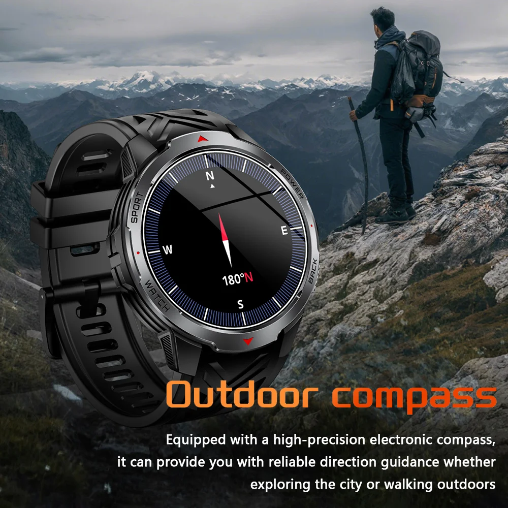 Smartwatch męski 1100mAh, wojskowy, outdoorowy, z kompasem, zegarek sportowy, wodoodporny IP68, HD, połączenia Bluetooth, smartwatch dla Huawei 2025 NOWOŚĆ