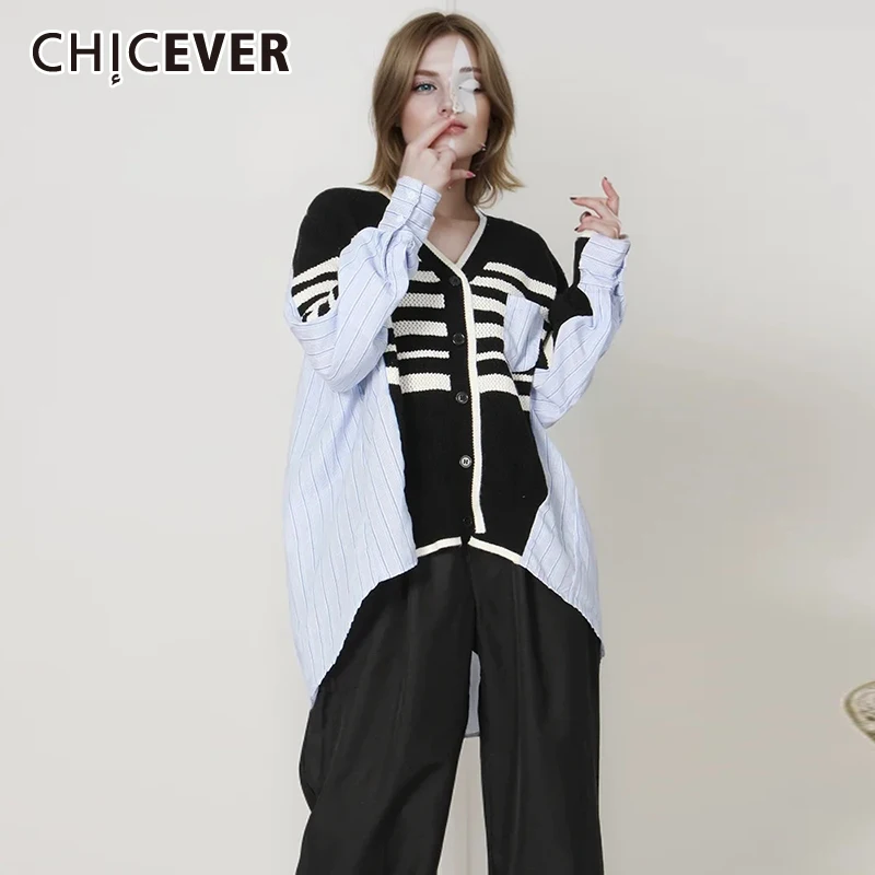 

CHICEVER Hit Color Knit Shirt For Women V Neck Long Sleeve Single Breasted Casual Loose Fashion Spliced Striped Blouse Female