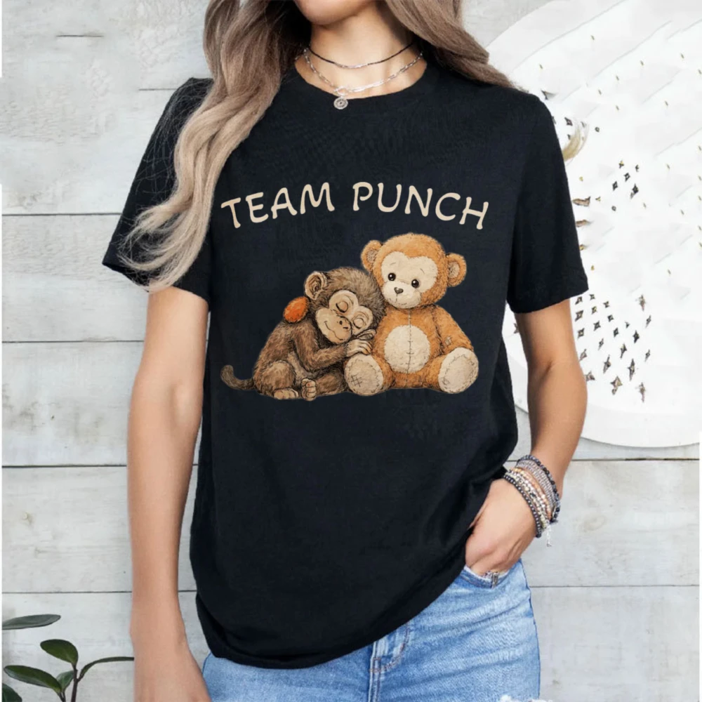 Team Vintage Watercolor Baby Monkey Punch Shirt Viral Macaque Cozy Plush Toy Graphic Tee Whimsical Gift for Animal Meme T-Shirt