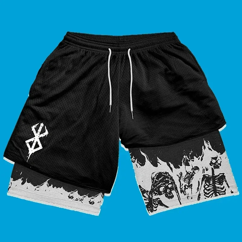 Y2K Summer Men Streetwear Anime Berserk Oversize Active Athletic Gym Short Pants Training Fitness Workout Track Shorts Clothes