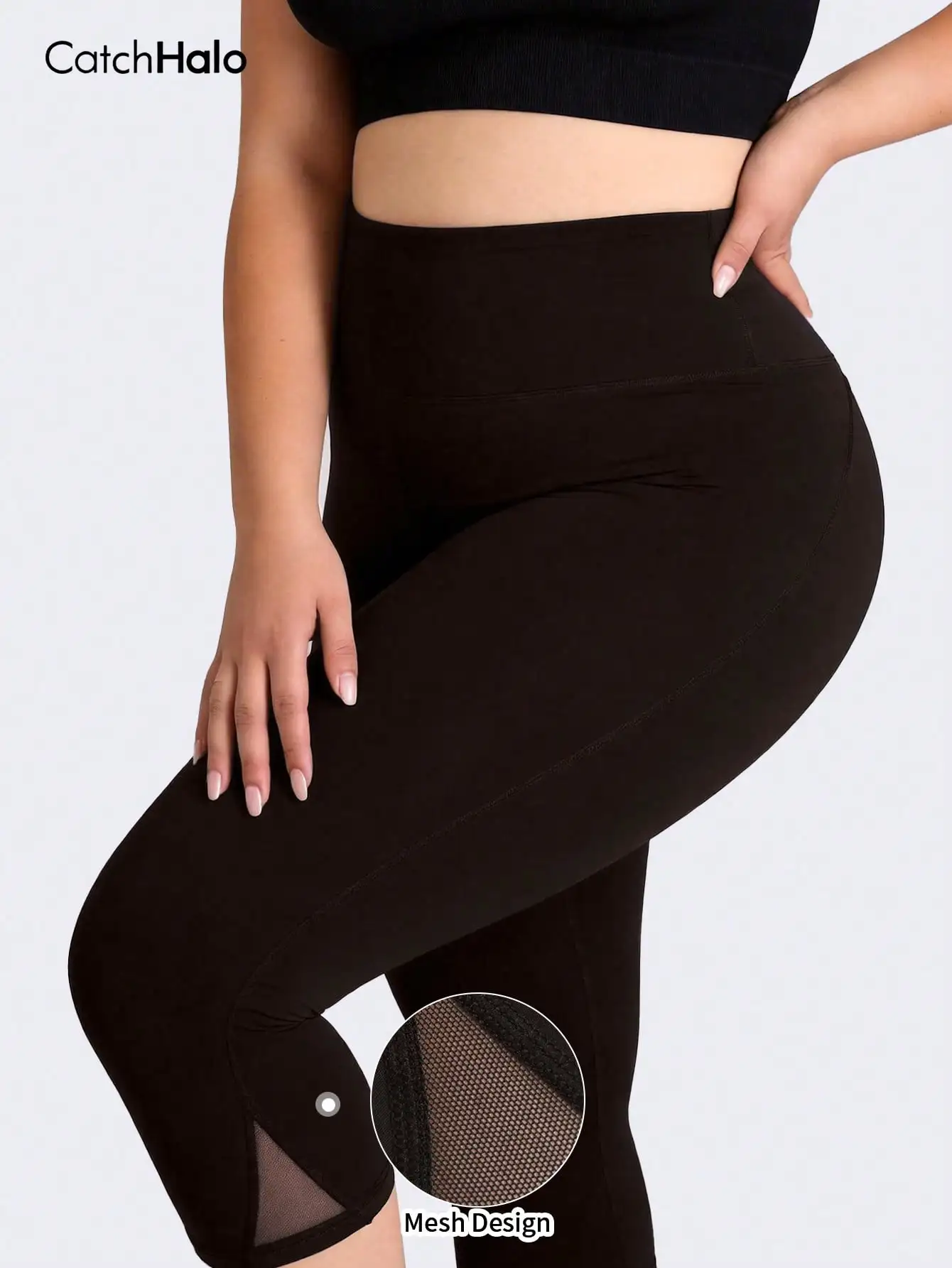 Plus Size Women's High Waist Compression Cropped Leggings, Mesh Design, Side Slit, Butt Lifting, High Stretch, Gym Yoga Running
