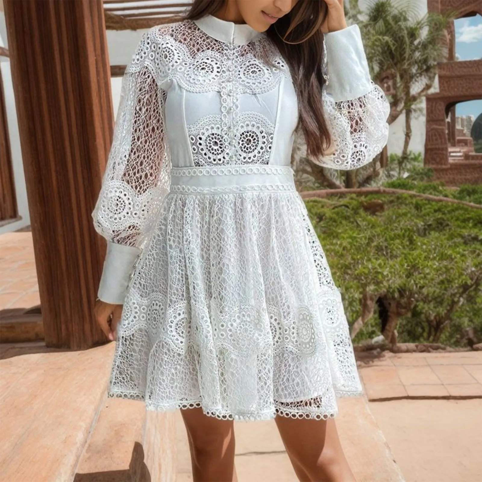 

White Elegant Patchwork Embroidery Dress For Women Stand Collar Lantern Long Sleeve High Waist Dresses Female Lace Ruffled Dress