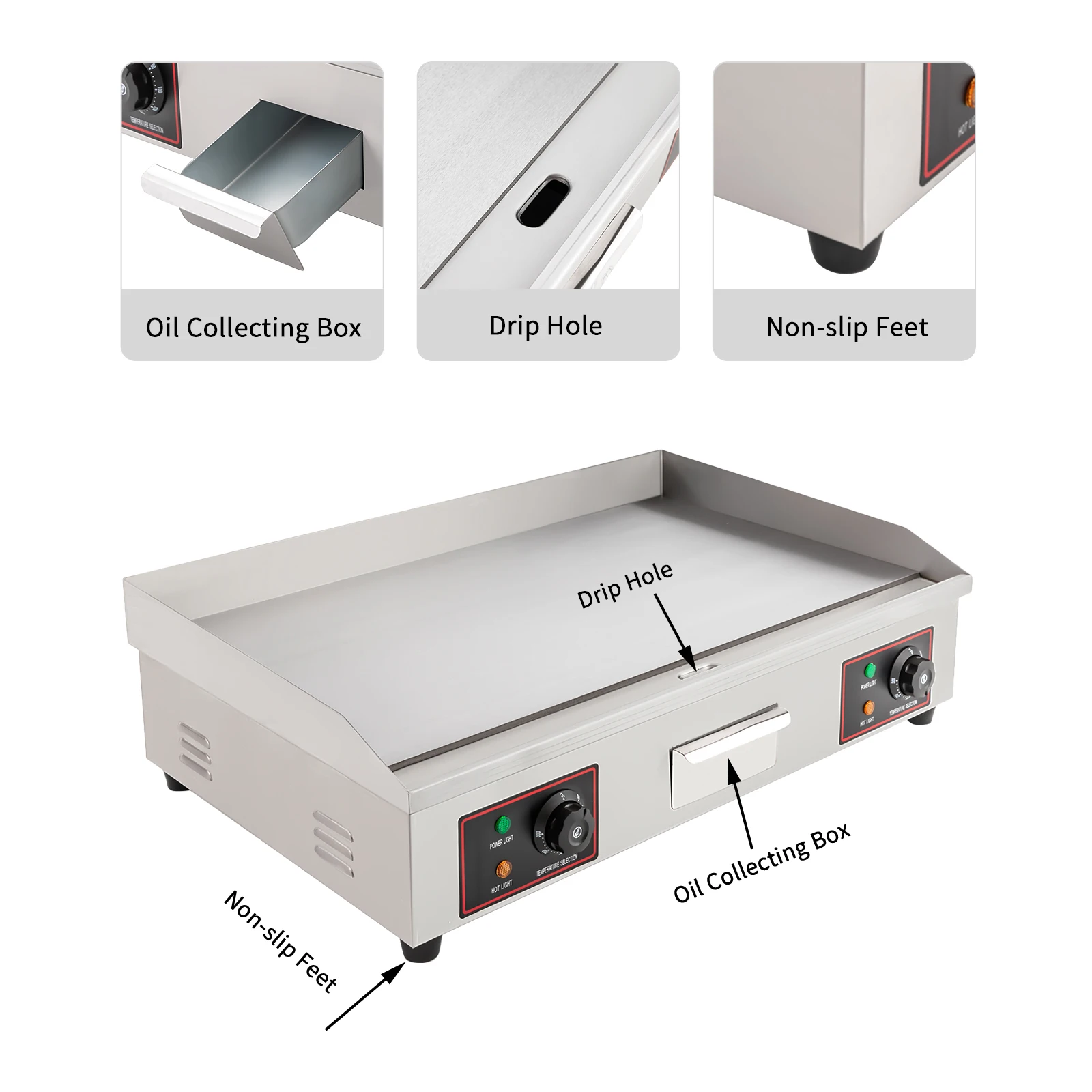 Wajan Listrik Komersial 3000W, Panggangan Teppanyaki Permukaan Datar Baja Tahan Karat Kontrol Suhu yang Dapat Disesuaikan 122 ° F-572 ° F
