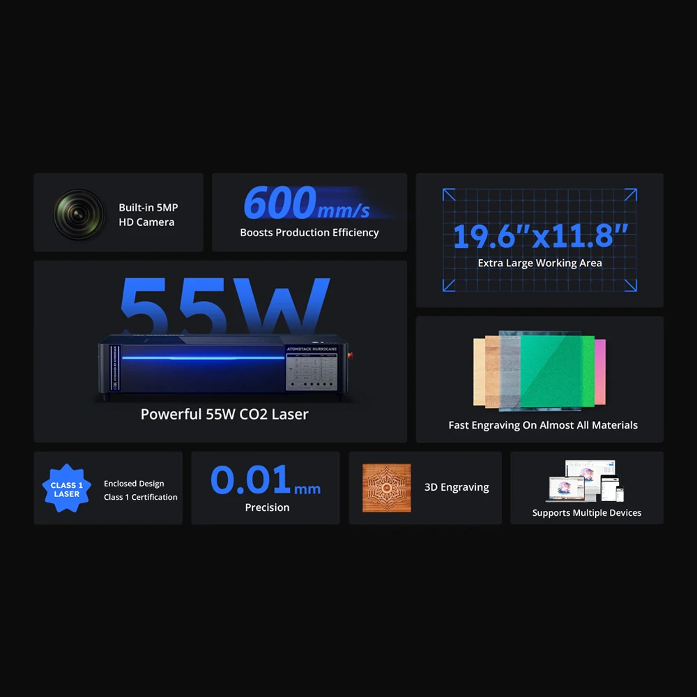 Atomstack K60 Co2 Laser Cutting Engraver Machine Auto Focus and Batch Engraving 500*300mm Area For Clear Acrylic Glass Rubber