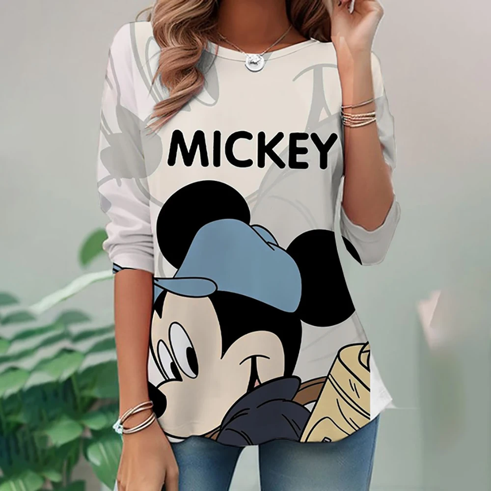 Oversized round neck loose casual pocket T-shirt for women, long sleeved Disney Mickey Mouse printed pullover for women, fashion