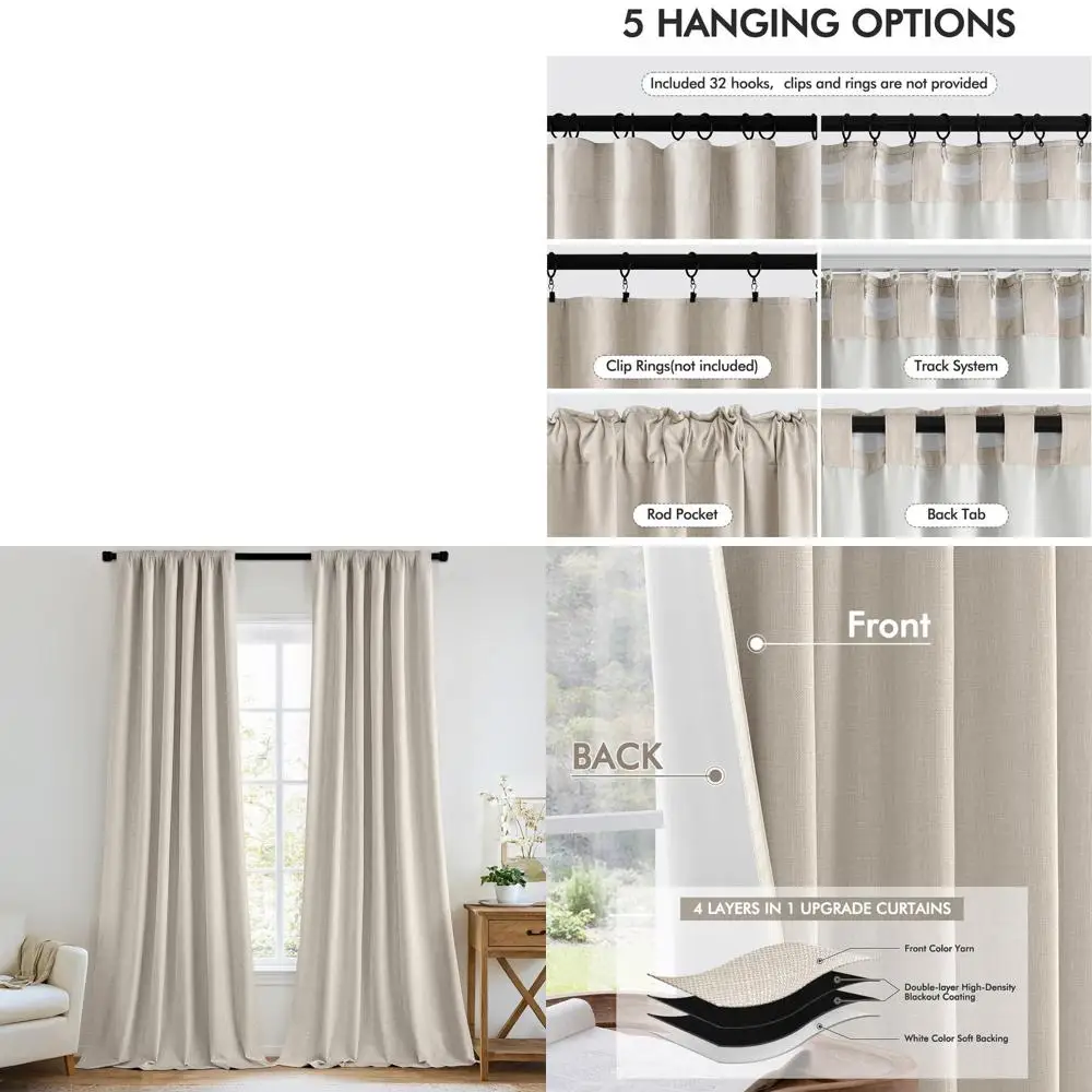 

Плотные шторы из искусственного льна с эффектом затемнения, длина 108 дюймов, комплект из 2 панелей для спальни, затемняющие, с креплением на петлях, бежевые