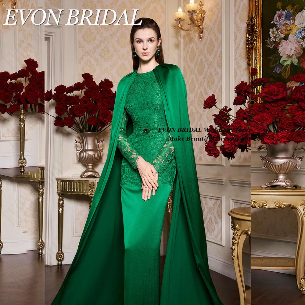 EVON BRIDAL Evening Gowns With Cape Long Sleevs O-Neck Mermaid Satin Saudi Arabia Woman Formal Occasion Dresses Lace Applique