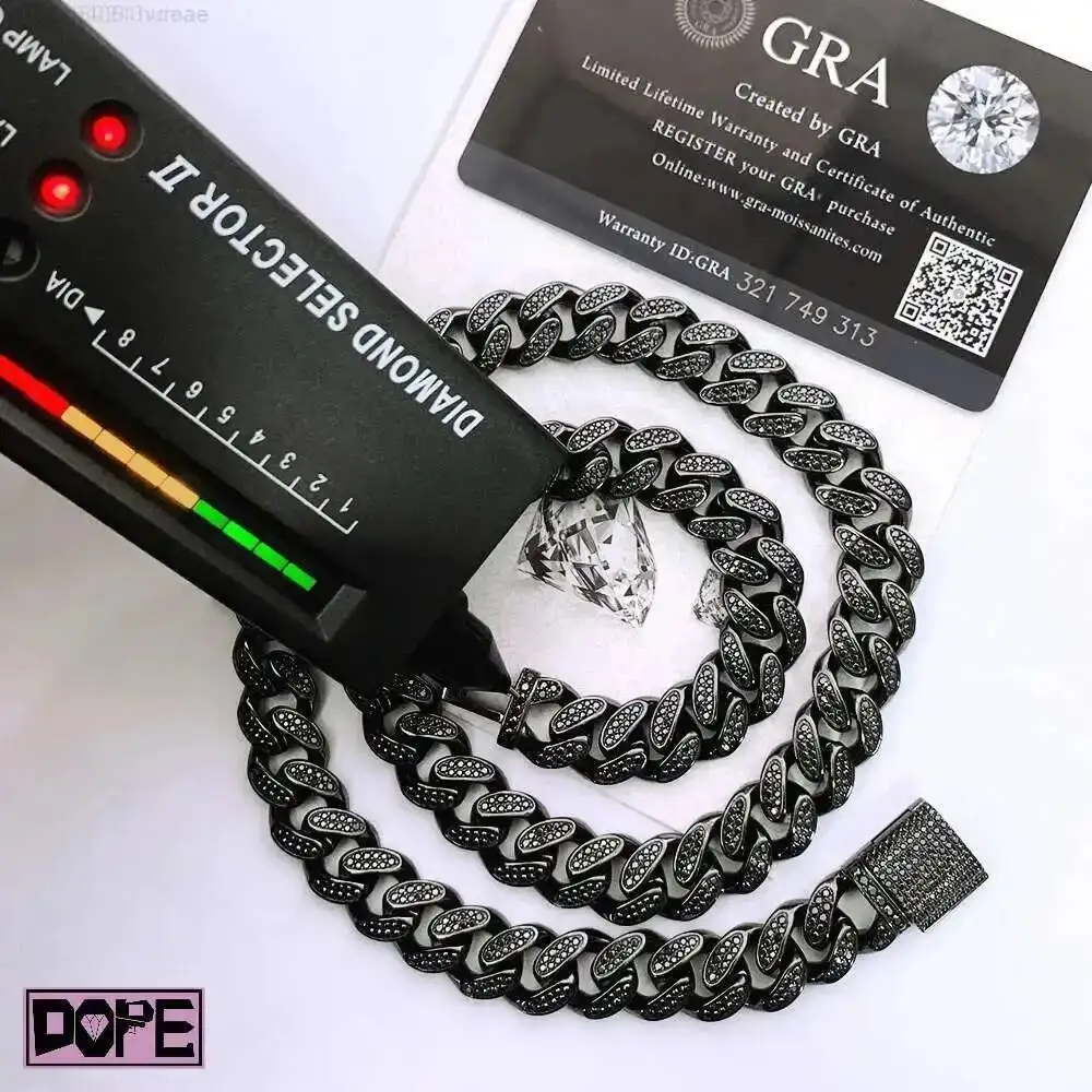 Iced Out 10mm VVS Moissanite Cuban Link Chain 925 Sterling Silver Wholesale Black Hip Hop Jewelry