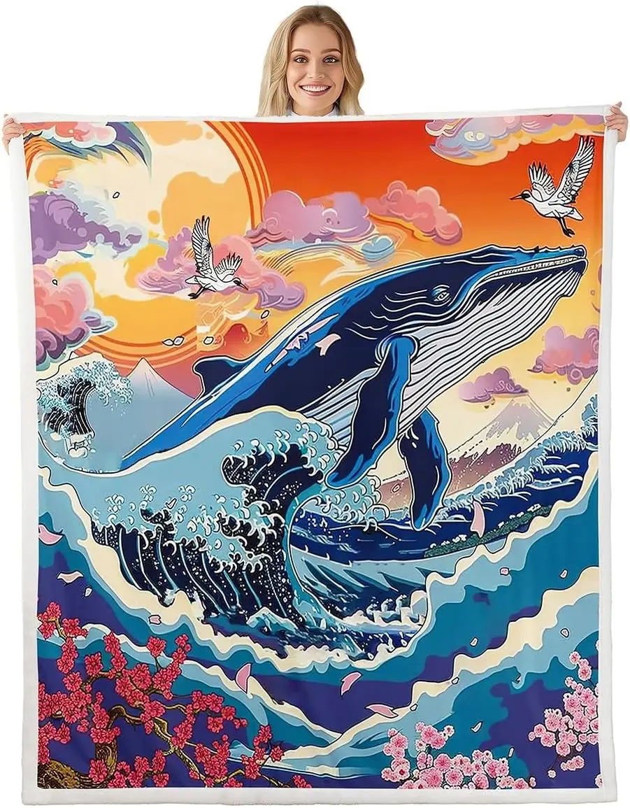 Japanese Style Fleece Throw Blanket Queen Japanese Wave Plush Blanket for Boys Girls Teens Whales Sherpa Blanket Sunset Fuzzy
