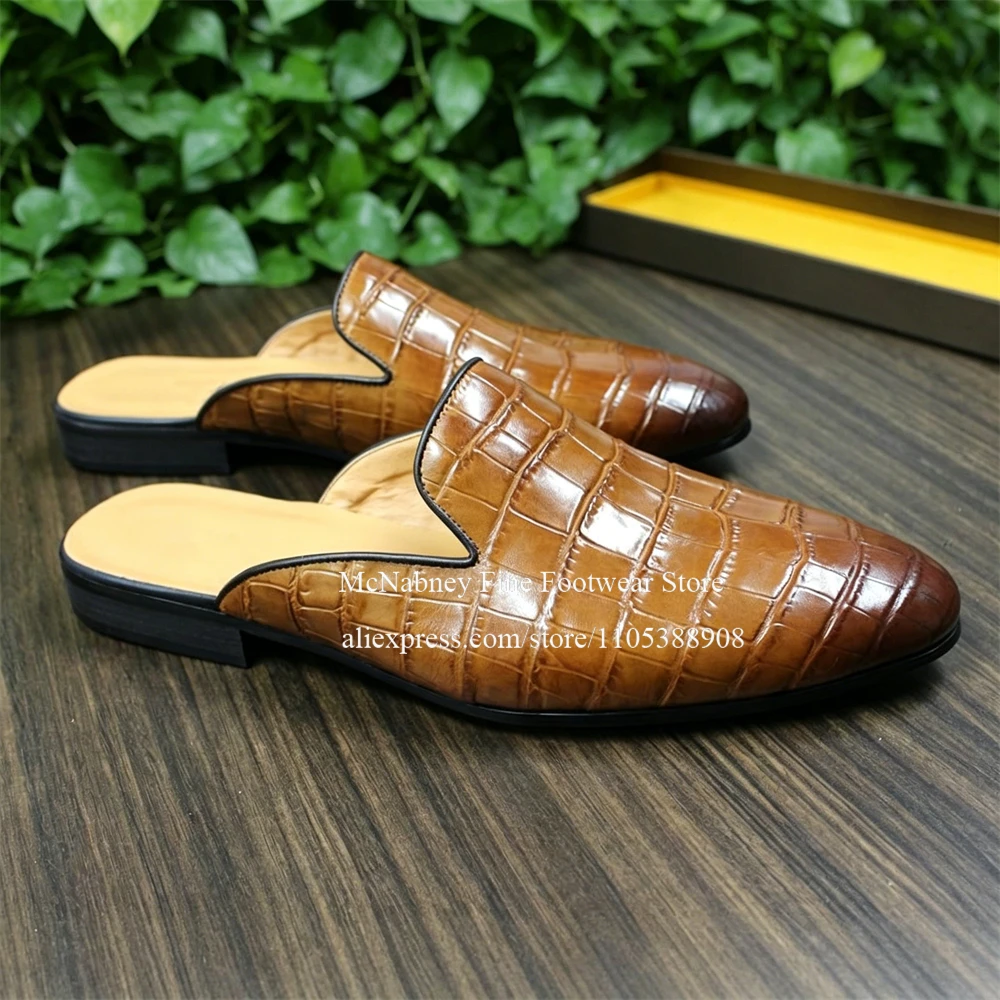 Gradient Blue Black Alligator Backless Leather Mules Men Slip on Loafers Handmade Daily Office Business Casual Shoes Plus Size