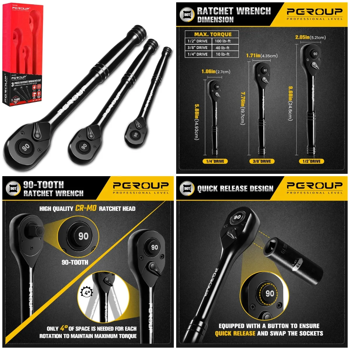 

3-Piece 1/4', 3/8', 1/2' Drive Ratchet Wrench Set, 90 Tooth, 4° Swing, Ergonomic Handle, Chrome Alloy, Quick Release for Repair