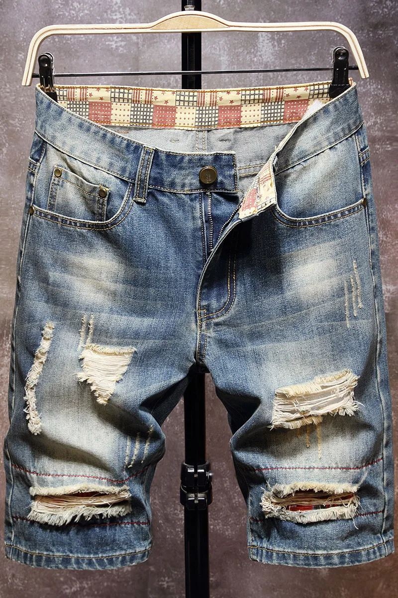 

Men's Casual Spring/Summer Denim Shorts - Distressed Denim Shorts with Frayed Edges and Patchwork Details, Fashionable Street Style