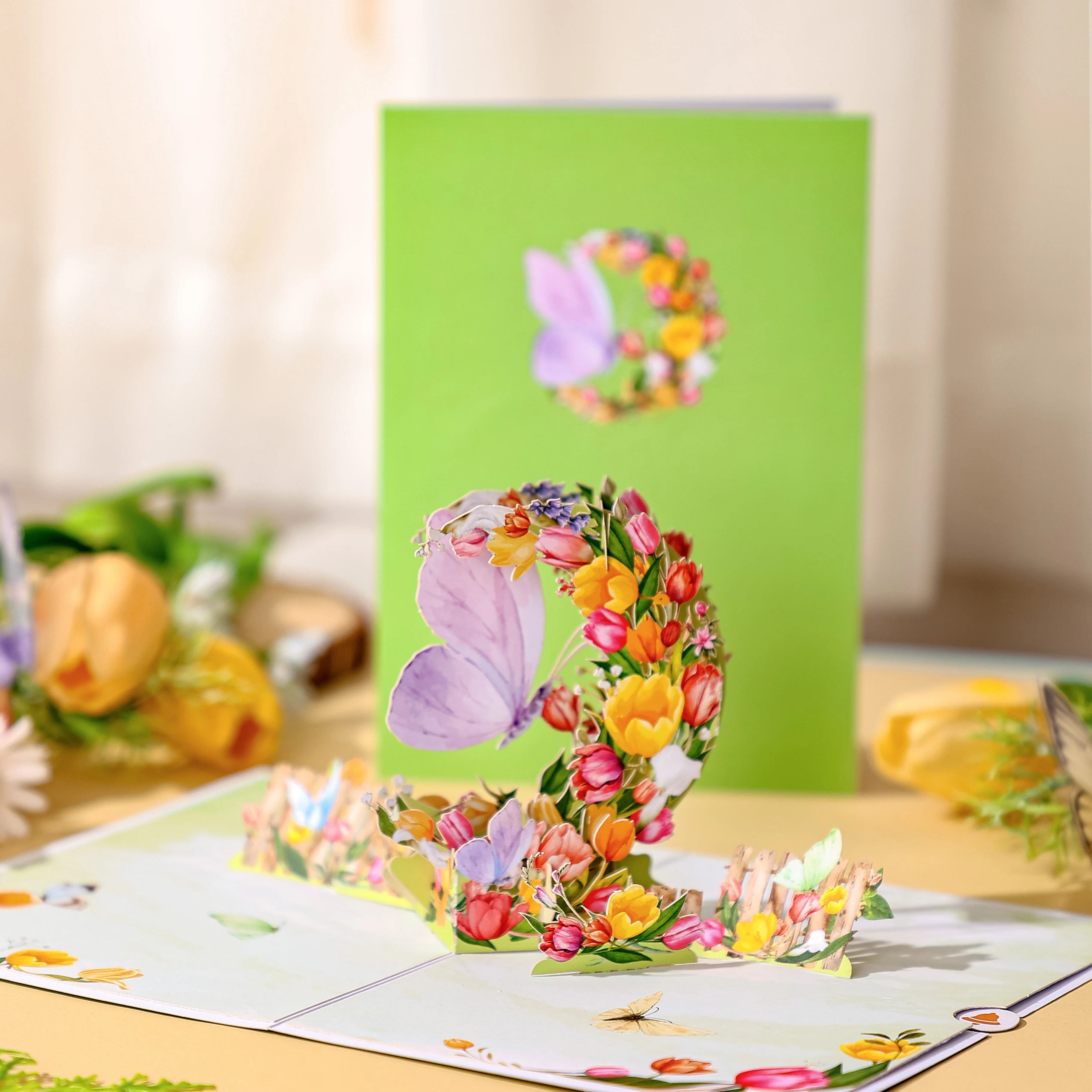 1pc Tulip Daisy Butterfly Pop-Up Card, Mother`s Day Valentine`s Day, Happy Birthday Greeting Card with Note