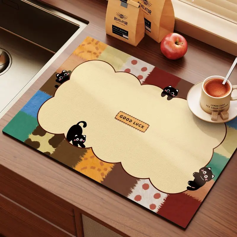 Vintage Patchwork Plaid Label Kitchen Drain Mat Anti Slip Coffee Machine Tableware Kitchen Countertop Protective Pad