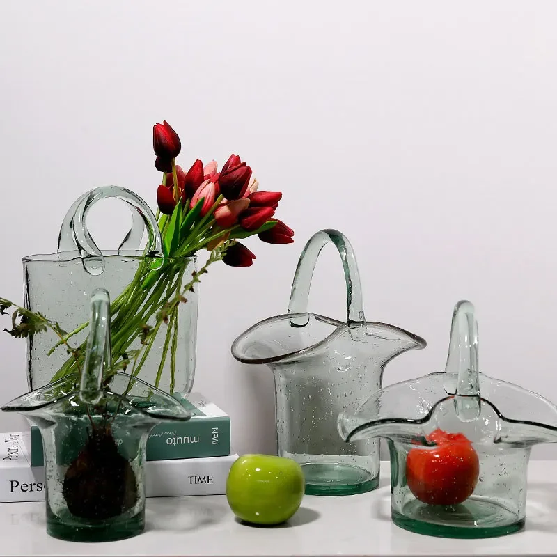 Bag and Basket Shape Clear Glass Vase Modern Style Home Desktop Decoration Flowerpot Flower Ornaments