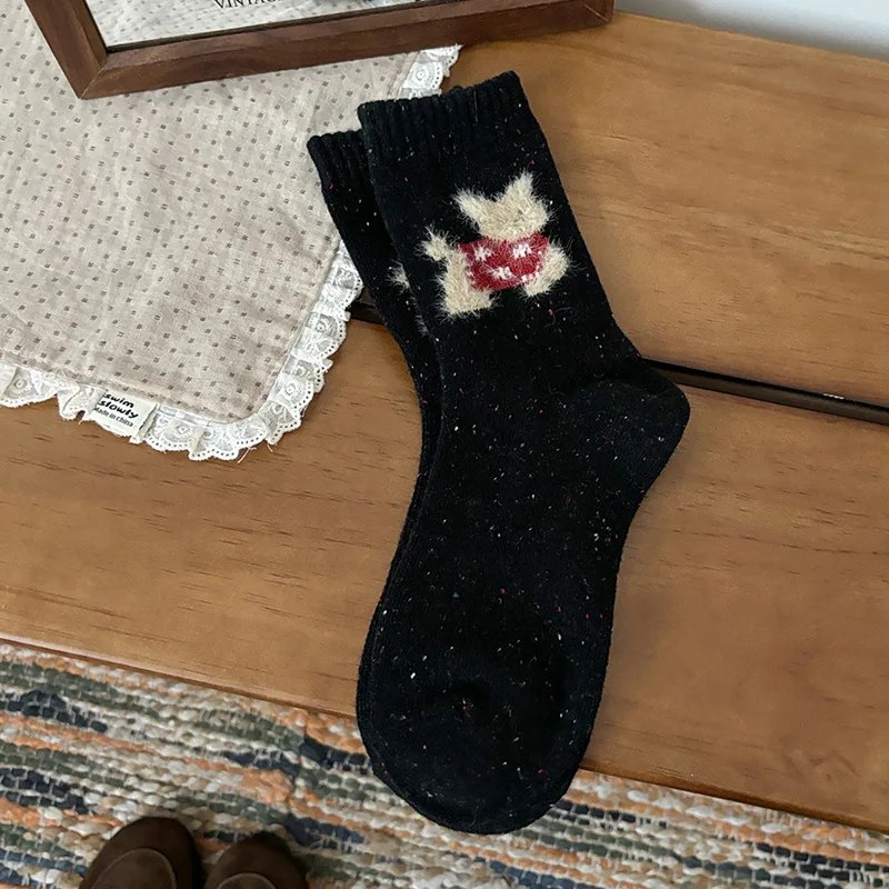 6 Pairs Wool Warm Socks Set Autumn Winter Mid-Calf Long Socks for Woman Warm Cute Cartoon Puppy Design Cotton Socks High Quality