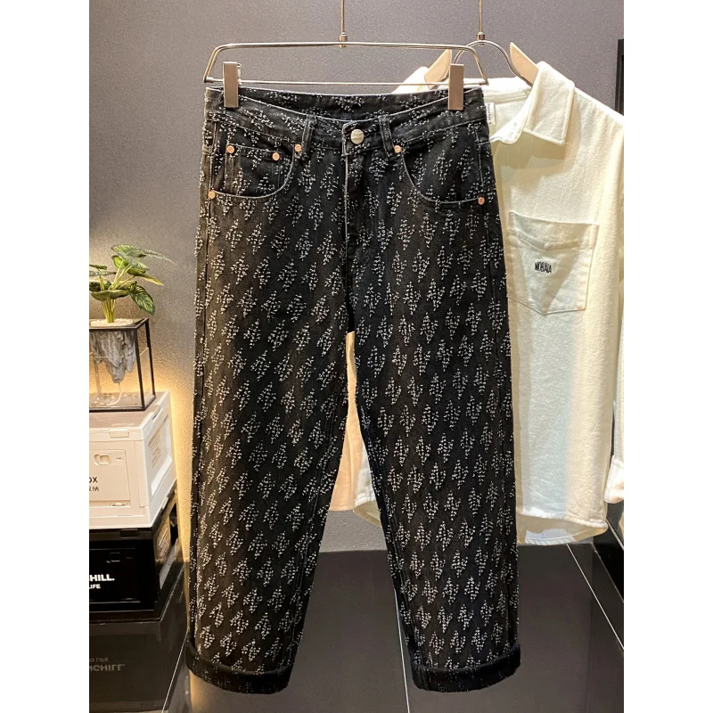 

Жаккардовые джинсы с вышивкой и принтом, мужские свободные прямые повседневные брюки осень/зима 2025 года, новый модный тренд, уличный стиль