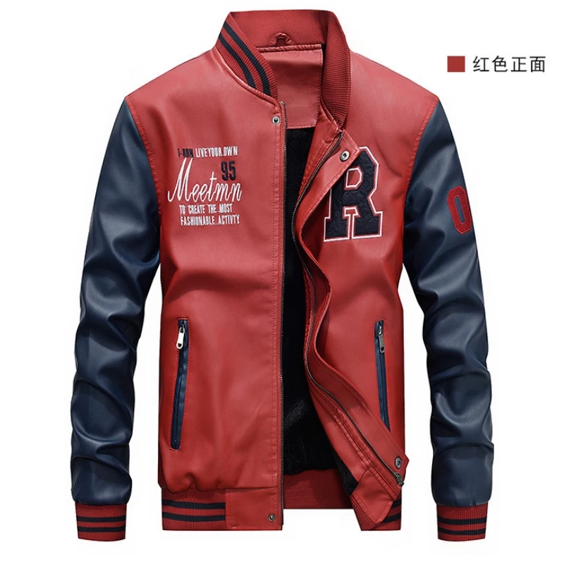 Men's PU Leather Baseball Jacket 2024 Autumn Winter New Arrival Fleece Letter Splicing Jacket High Quality Men Coat With Pockets