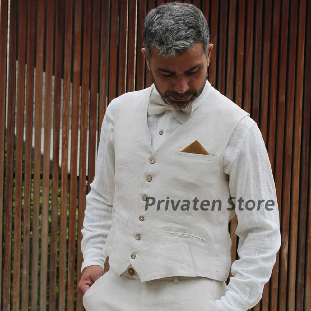 

Мужской жилет из льна цвета слоновой кости, однобортный однобортный жилет с v-образным вырезом для свадьбы, жениха, летний легкий и крутой вечерние ужин, жилет uomo