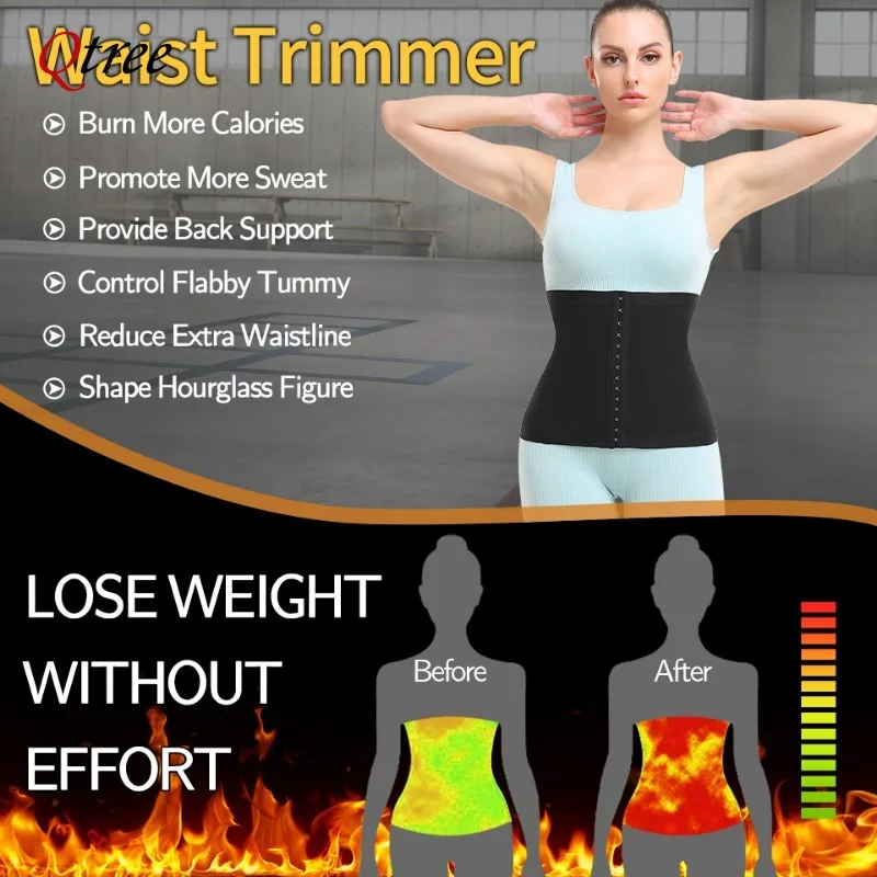 Qtree Waist Trimmer Belt for Women Waist Trainer Body Shaper Sauna Belt Tummy Control Shapewear Sweat Fat Burner Slimming Suit