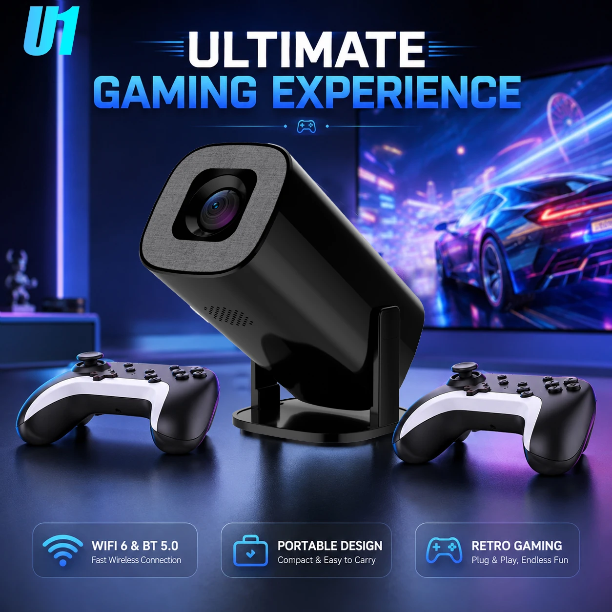 LINGLAN U1 Portable Game Projector 200 Lumens 8K HD Android Dual Band WiFi BT Multi Function Smart Home Theater Display Gear