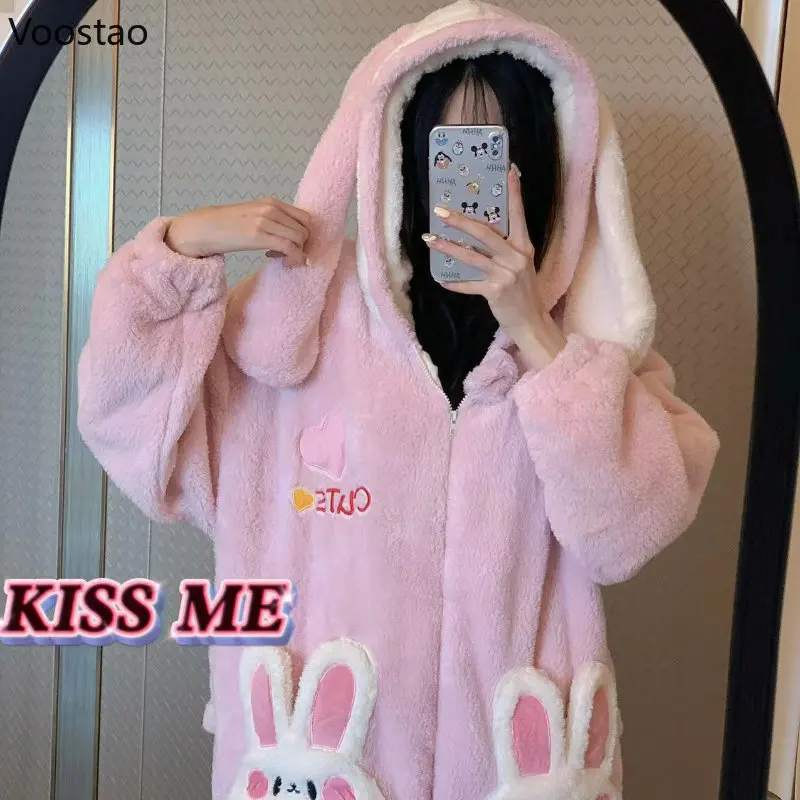 Autumn Winter Women Cute Lolita Princess Onesies Pajamas Coral Fleece Warm Cartoon Bunny Ear Hooded Sleepwear Sweet Homewear