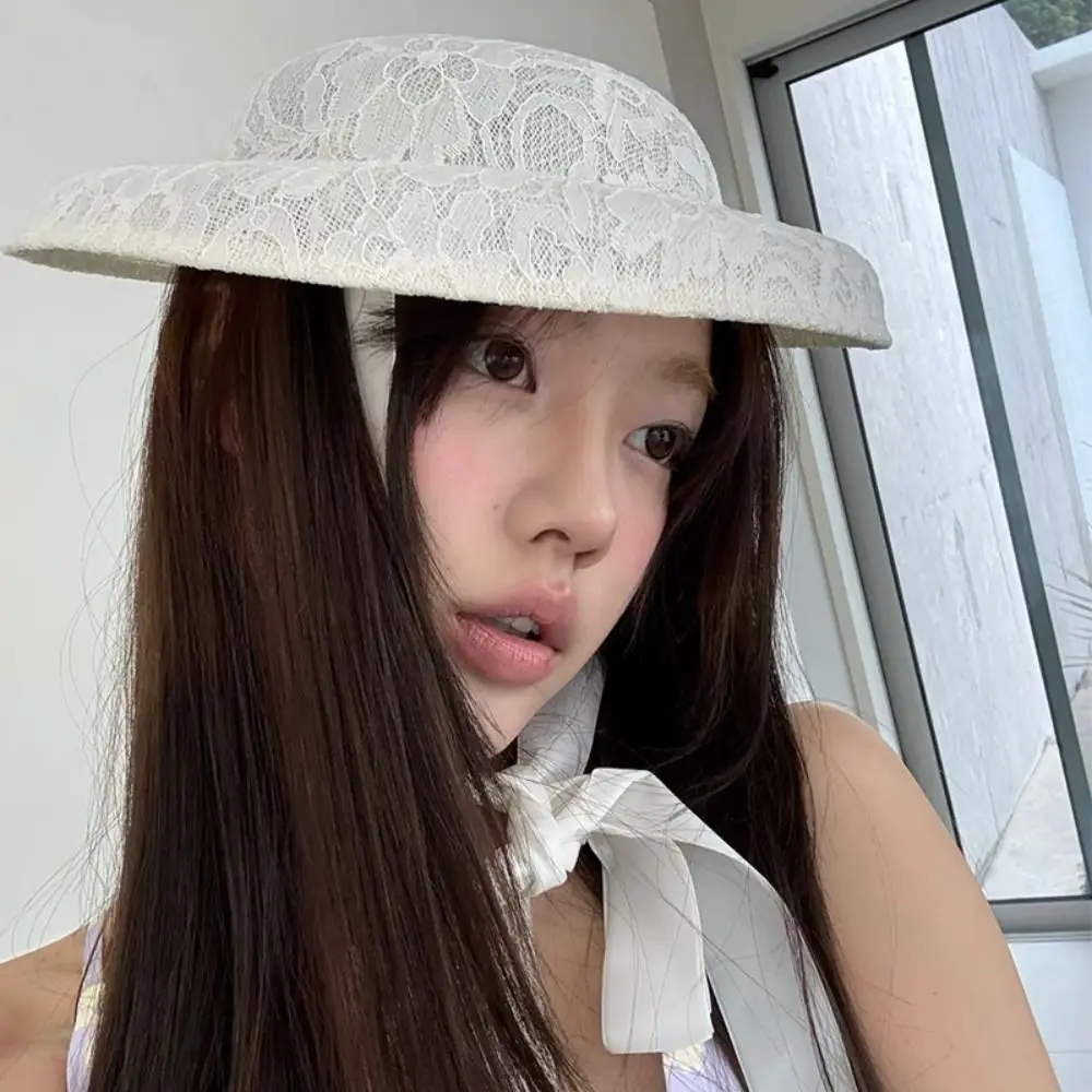 

Retro White Lace Tied Topper Hat Sunscreen French Style Lace Bonnet Hat Thin Flat-top Teaparty Hat Parties Gathering