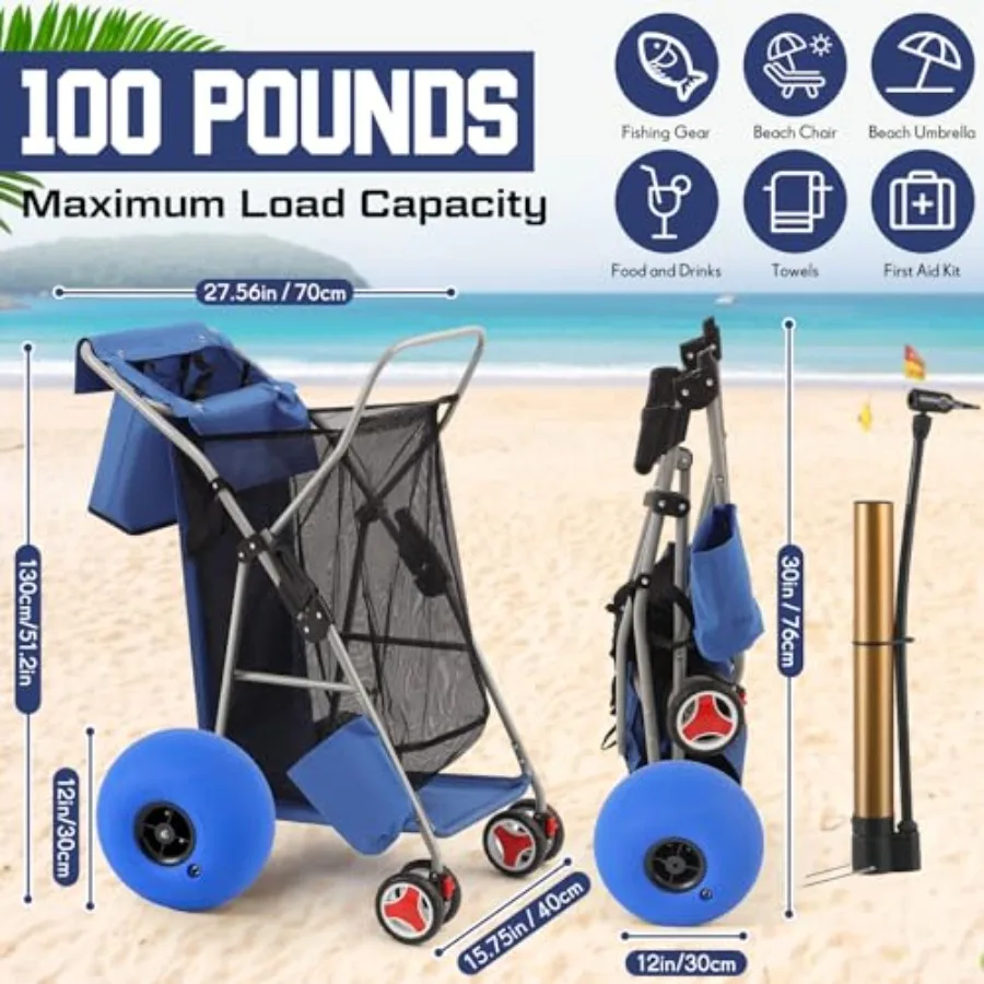 Beach Cart for sand and most terrain with 12 inch balloon wheels, rust-free aluminum frame, blue color, foldable design, body b