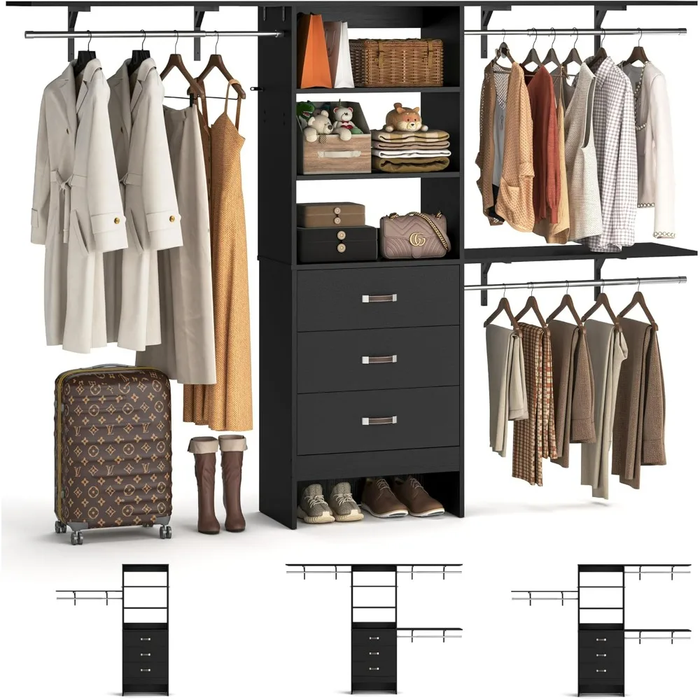 8-foot wall mounted bedroom wardrobe (with 3 drawers and a walk-in closet), 5 to 8-foot adjustable fabric rack, black