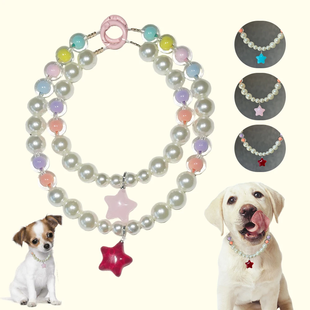 

Cute Star Pendant Pearl Pet Collars – Stylish & Colorful Accessories for Dogs Holiday Birthday Gift Pets Cats Puppy Plastic
