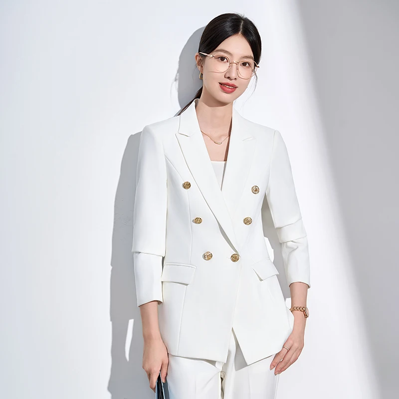 ชุดสูทเบลเซอร์และกางเกงขายาว ZJYT สไตล์หรูหราทันสมัยสำหรับผู้หญิง ประจำฤดูใบไม้ร่วงปี 2025 ชุดเซ็ต 2 ชิ้น เสื้อแจ็คเก็ตทรงกระดุมสองแถวและกางเกงขายาว สีขาว