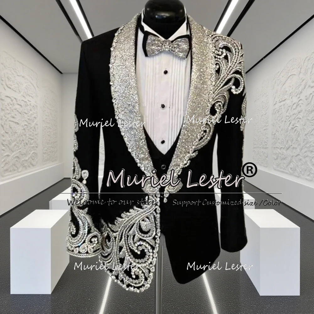 

Brilliant Crystals Beaded Suits Men For Wedding 3 Pieces Sets Customized Sequins Label Prom Tuxedos Male Fashion Groom Blazers