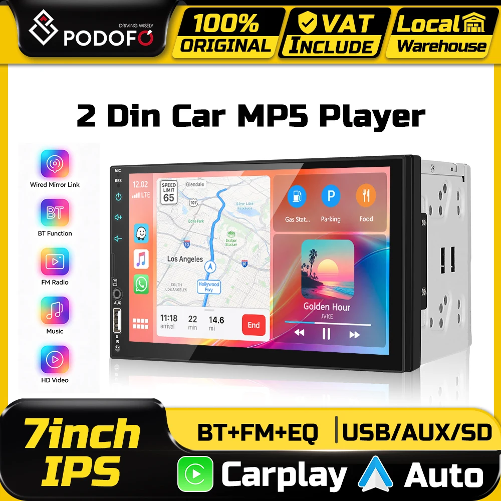 Podofo 7'' Auto-Multimedia-Videoplayer Kabelloses CarPlay Android Auto Intelligente Fahrzeugsysteme Spiegelverbindung BT EQ USB DAB FM Radio Stereo
