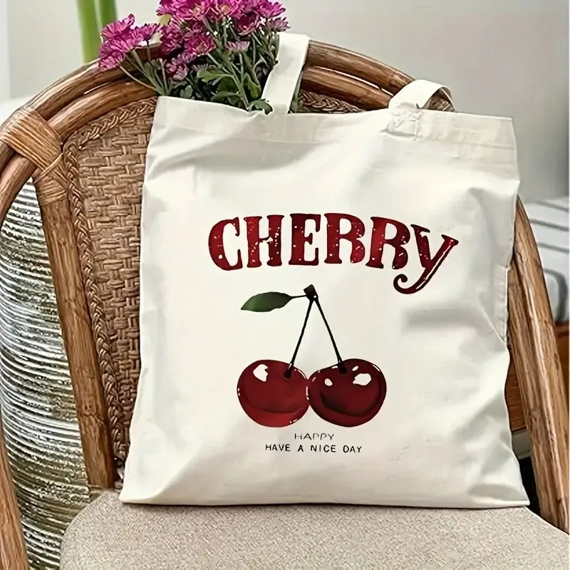 

Aesthetic Cherry Letter Print Canvas Tote Bag Women Retro Red Fruit Graphic Shopper Bag Summer Beach Casual Shoulder Handbag