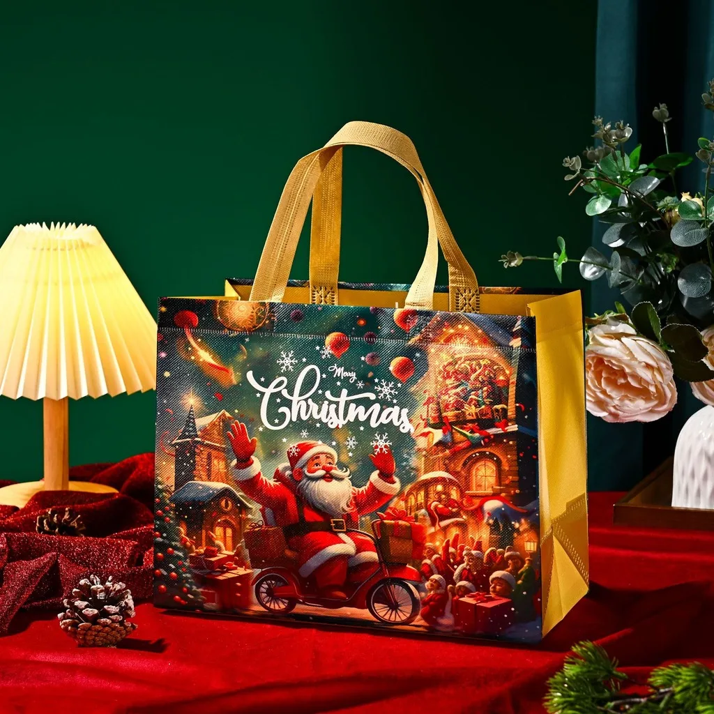 Christmas Tote Bags Non-Woven Shopping Bag Santa Claus Sleigh Christmas Tree Print Laminated Handbag Holiday Treats Gift Pouch