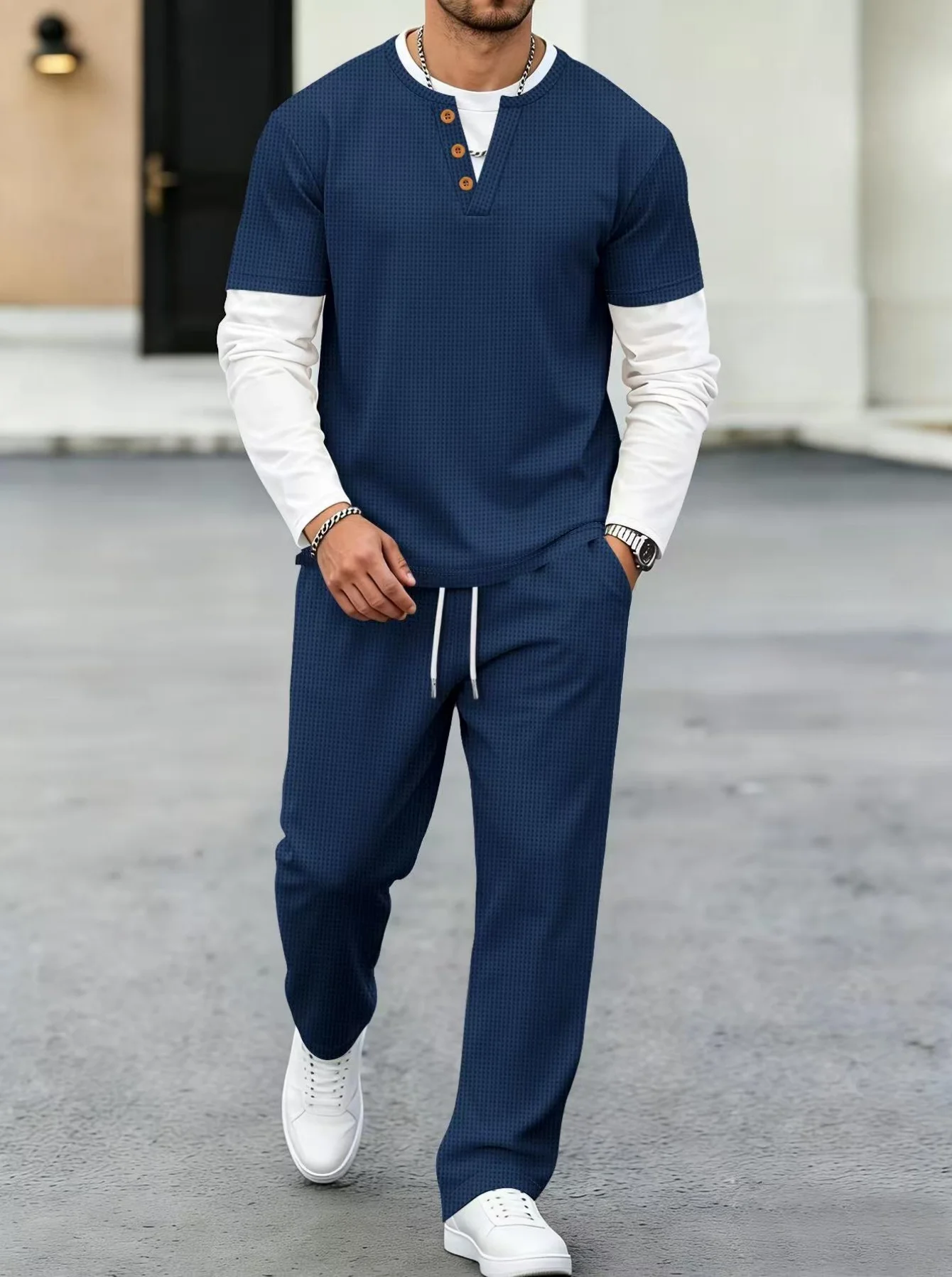 2026 Men's Waffle Long-Sleeved T-Shirt Pure Color Buttoned Casual Fashion Spring Autumn Outdoor Wear Fake Two-Piece Set