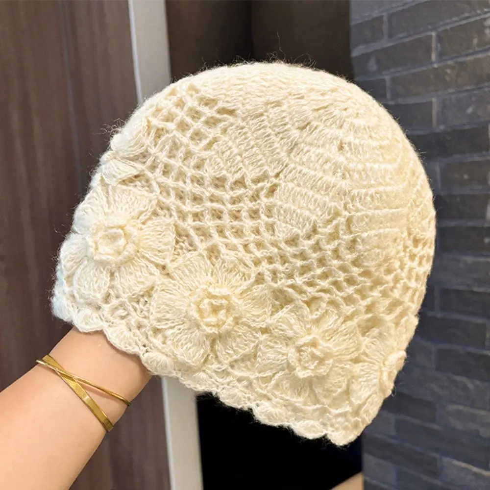 Cozy Double Layer Handmade Knitted Hat 3D Flower Warm Crochet Beanie Hat Sweet Hollow Flower Pullover Hat For Women