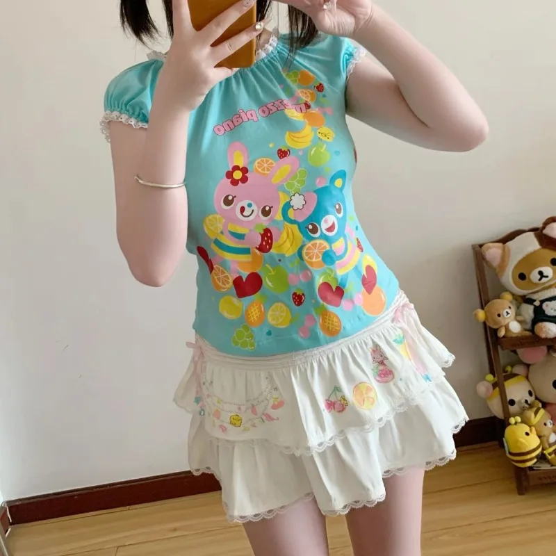 

Японская кавайная MP короткая юбка с мультяшным принтом, летняя новая стильная милая мини-юбка с бантом для девочек, милое платье Лолиты в стиле пэчворк