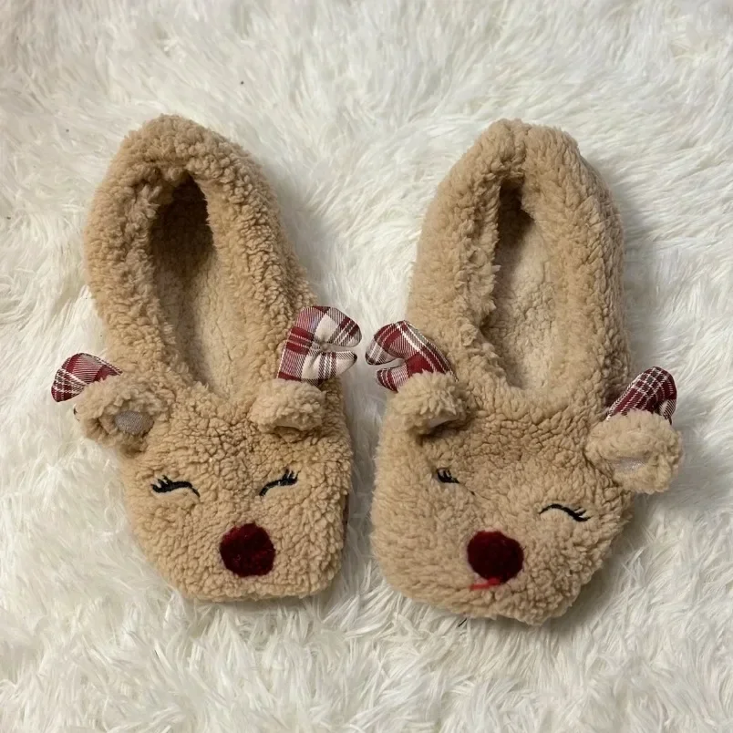 

Fluffy Slipper Women Home Fuzzy Christmas elk Winter Fur Contton Warm Plush Non Slip Grip Lazy Female Ears Embroidery Floor Shoe