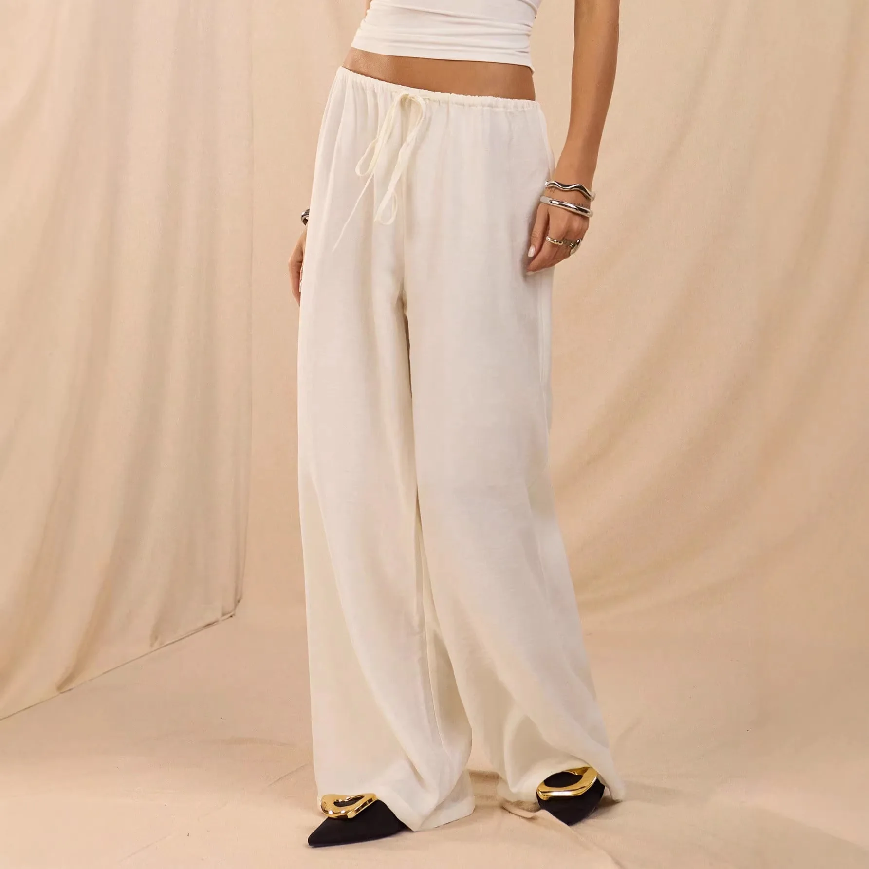 Summer 2026 Women's Pure Color Wide Leg Casual Pants Elastic Waist Belted Loose Fit Long Trousers Fresh Sweet Style