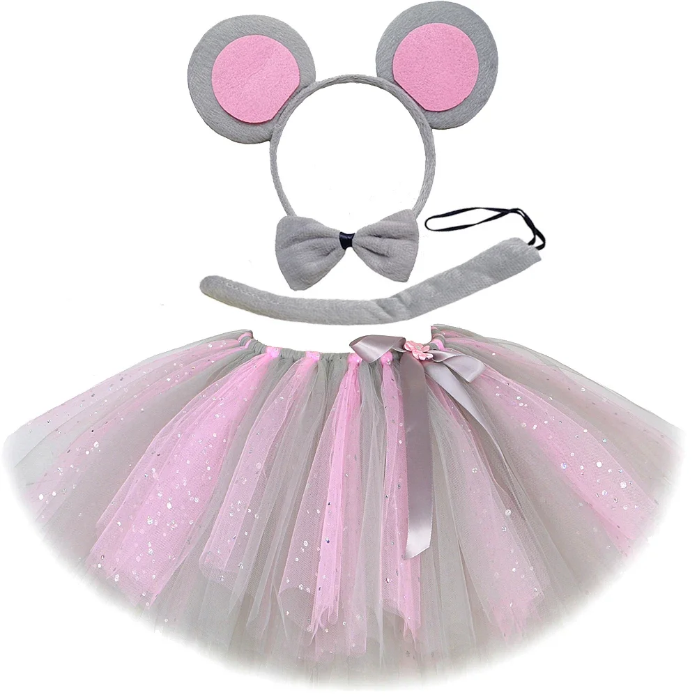 Sparkly Pink Gray Mouse Elephant Tutu Skirt for Baby Girls Christmas Halloween Costume Kids Toddler Animal Birthday Party Outfit