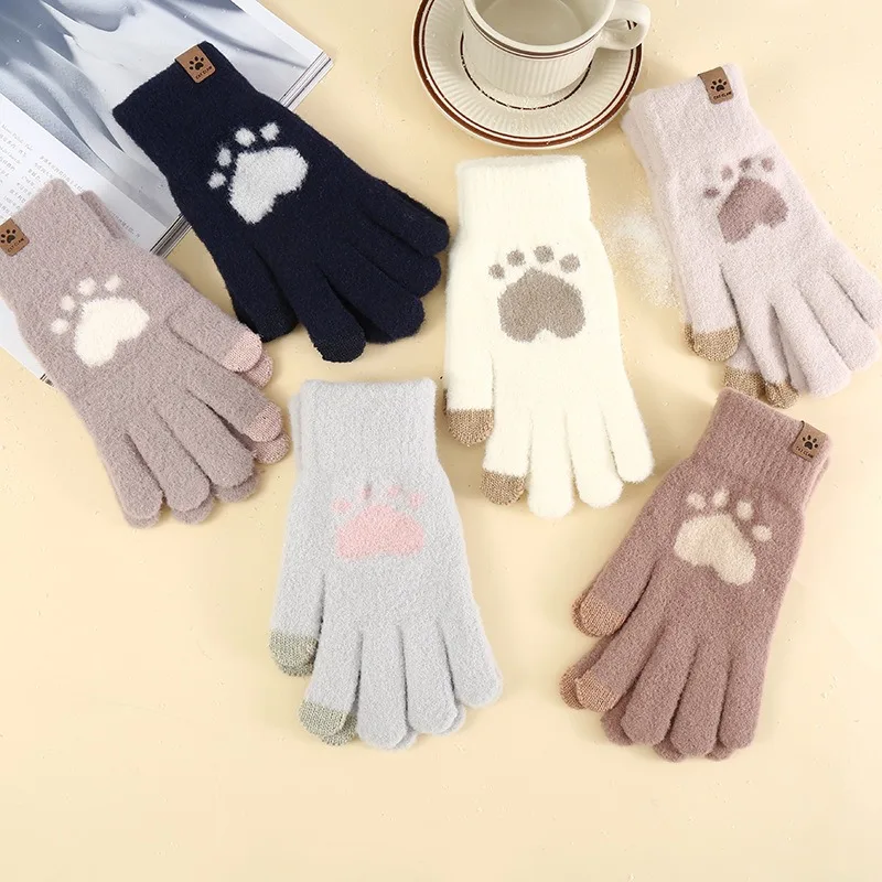 Katzenpfoten-Muster, Cartoon-Nerzfell-Handschuhe, Winter-Fleece zum Schutz vor Wärme und Kälte, Touchscreen-Kletterhandschuhe aus Fell