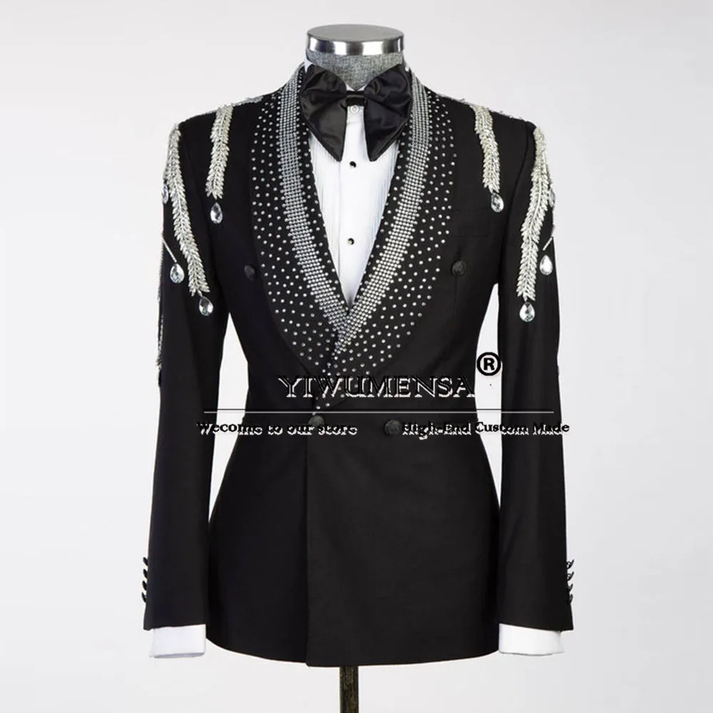 Sparkly Beaded Diamond Suits Men For Wedding Double Breasted Jacket Pants 2 Pieces Groom Tuxedos Tailored Madse Male Clothing