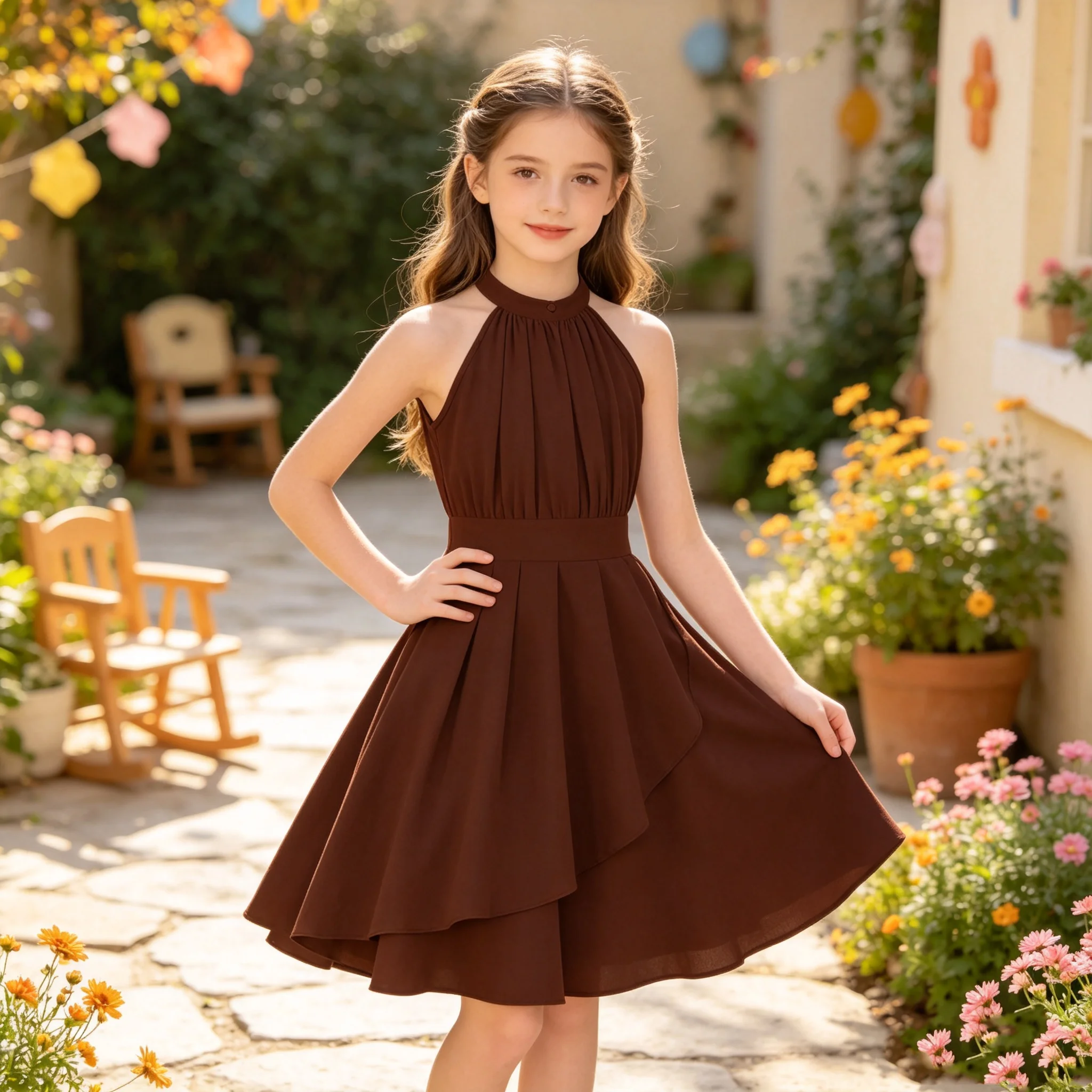 Sommerkleid für Mädchen, einfarbig, schulterfrei, ärmellos, lässig, elegant, mit hängendem Hals, locker, bequem, mittellang – Detail 2