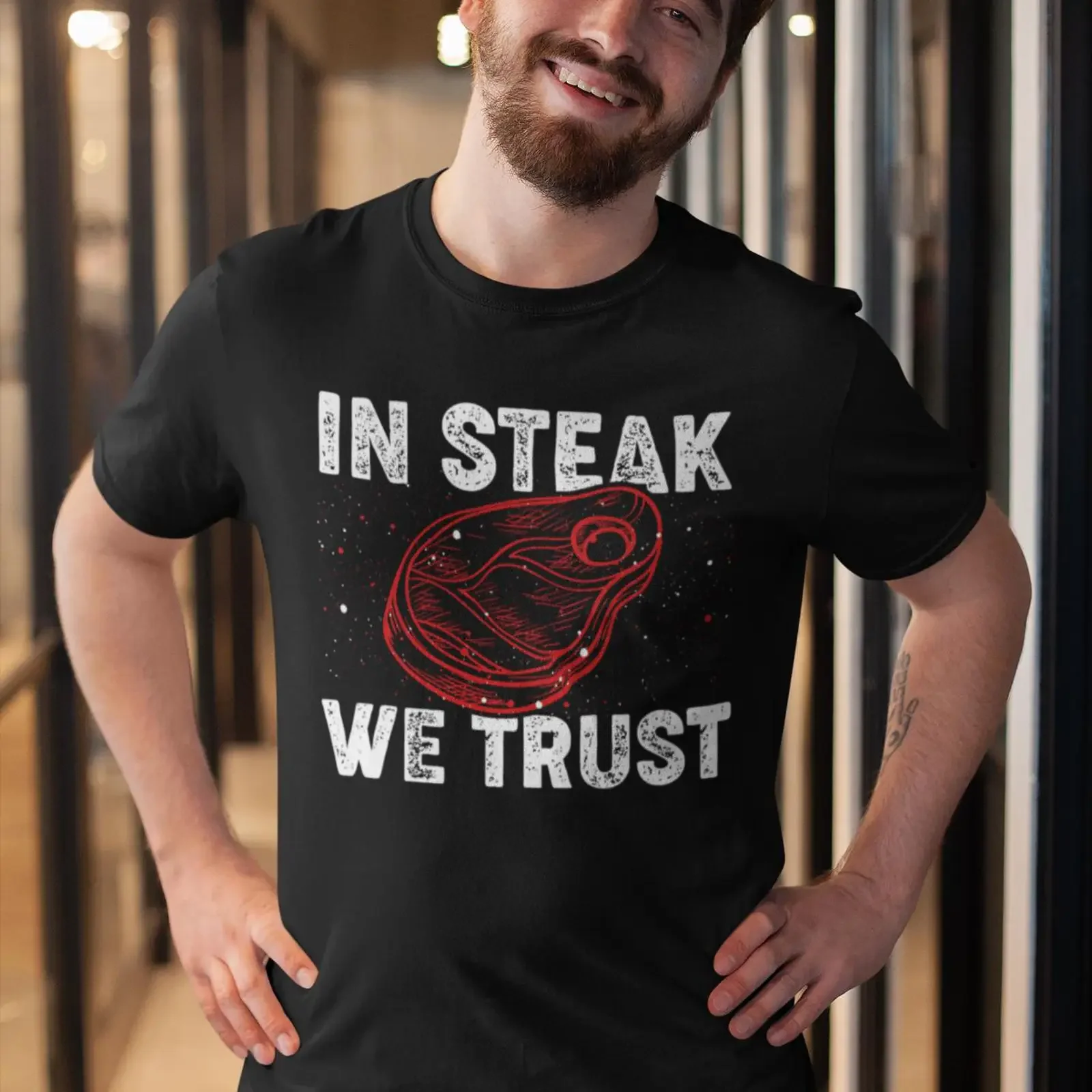 In Steak We Trust T Shirt Lovers Beef Ribeye Grilling Casual for Meat vintage Washed Top For Everyday Wear Stretched Slightly