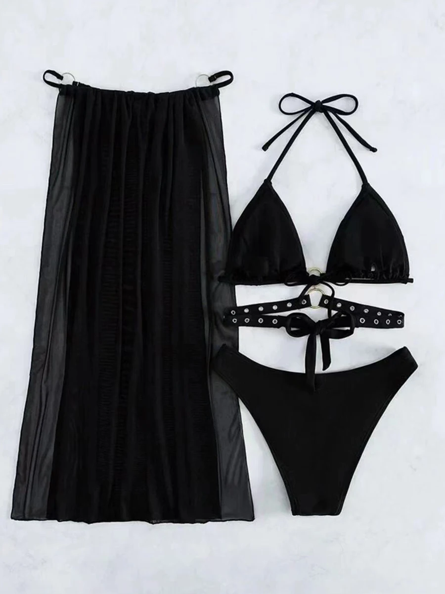 Sexy Black 3 Pieces Bikini Set 2023 Summer Beach Wear Hole Band Bikinis Swimsuit With Beach Skirt Swimwear Cover Ups