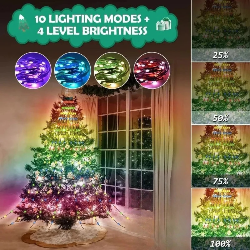 Lampu Natal LED Smart APP DIY dengan Remote Control Bluetooth, Lampu String Peri untuk Dekorasi Taman dan Pesta Luar Ruangan