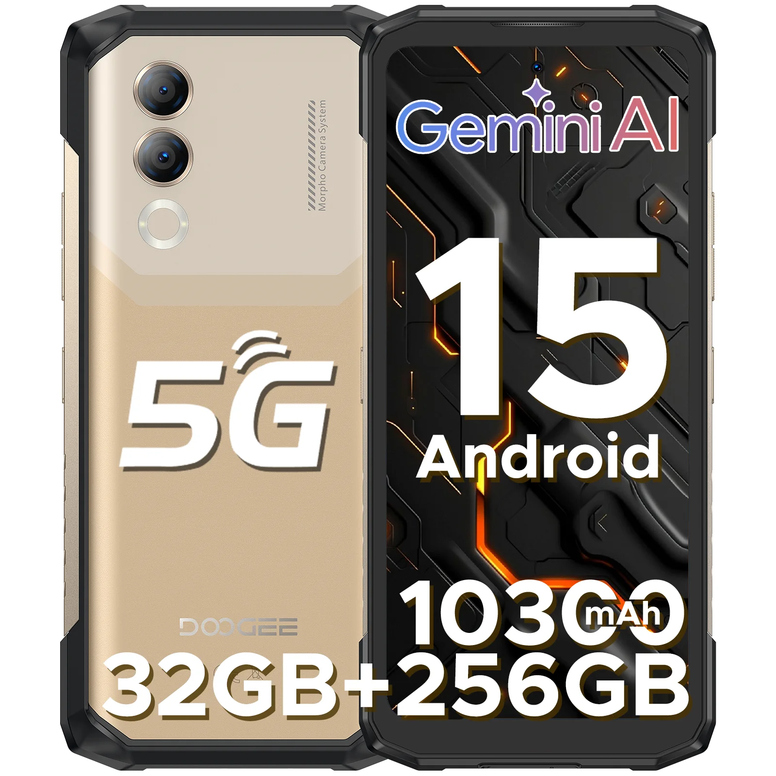 DOOGEE Blade20 Turbo 5G - Robuuste telefoon, Android 15, Gemini AI, 6.6" HD+ scherm, 32GB RAM + 256GB opslag, AI-dualcamera, 10300mAh batterij, NFC