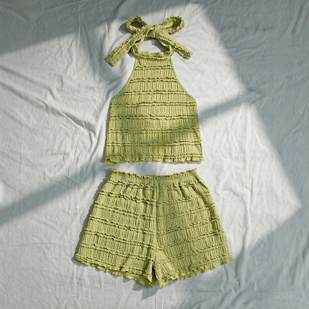 

Mia Muse Summer Sets 2025 Women's Sexy Plain Smocking Sleeveless Halter Neck Tank Elastic Waist Shorts Beach Sets