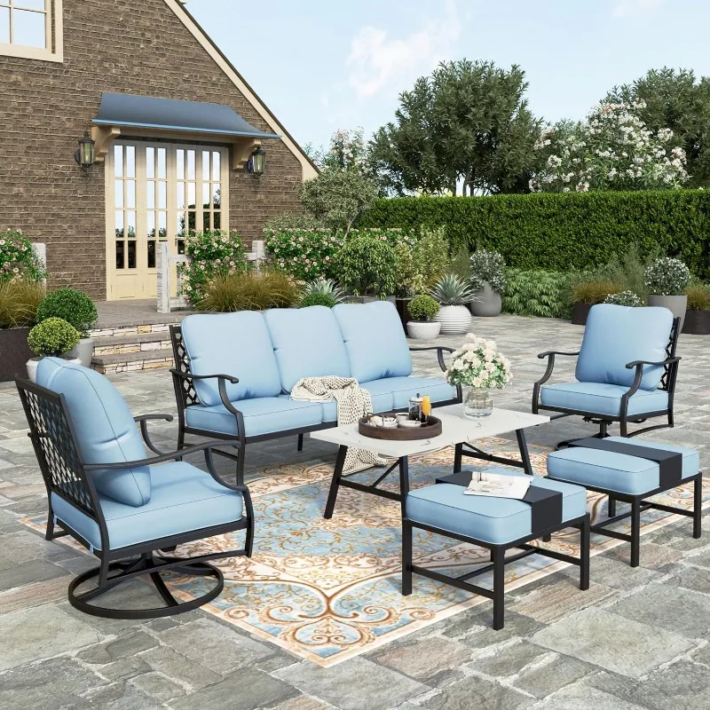 

6 Piece Patio Furniture Set, 2 x Swivel Cushioned Chair, 2 x Cushioned Ottoman, 1 x 3-Seat Sofa with Marbling Coffee Table